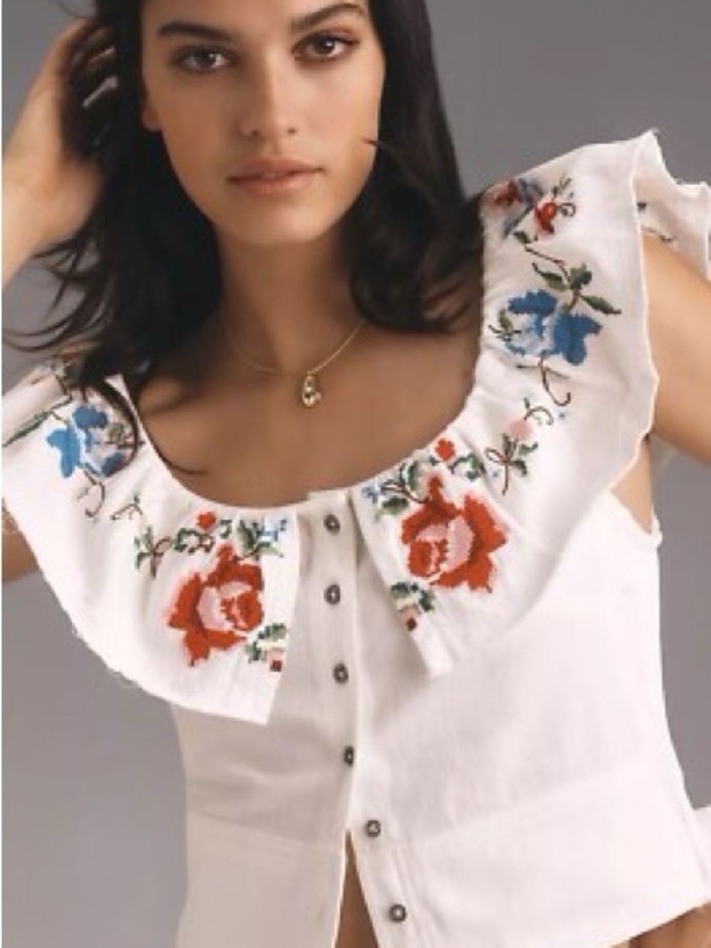 Anthropologie Pilcro Embellished Ruffle Collar Top Size Large